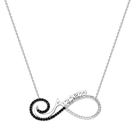 Siyah-Beyaz Zirkon Taşlı Annem Yazılı Sonsuzluk 925 Ayar Gümüş Kadın Kolye