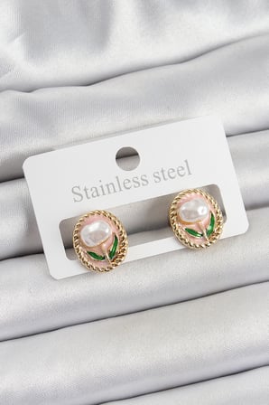 Pirinç Pembe Mineli Lale Figürlü Sanatsal Portre Model Gold Renk Kadın Küpe TJ-BKP10672