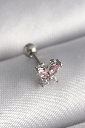 316L Çelik Gümüş Renk Pembe Zirkon Taşlı Tragus Piercing TJ-PR1241