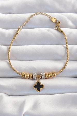 316L Çelik Gold Renk Zirkon Taş Aksesuarlı Siyah Mineli Yonca Bileklik - TJ-BB6229