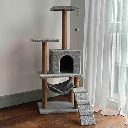 Reyo Pet B-07 Hamaklı Yuvalı Lüx Kedi Tırmalama Oyun Evi Gri