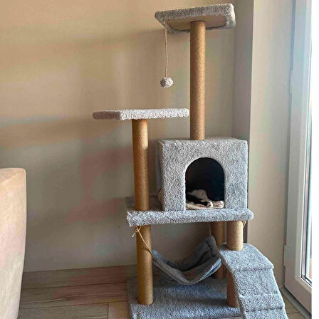 Reyo Pet B-07 Hamaklı Yuvalı Lüx Kedi Tırmalama Oyun Evi Gri