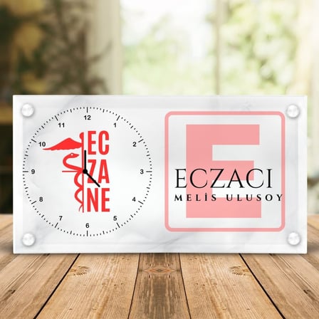 Eczacılara Özel İsim Yazılı Cam Saat - Logolu Eczane Masası Saati