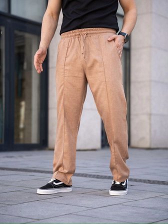 Modi Green Erkek Keten Cepli Çıma Dikişli Jogger Buggy Pantalon Rahat Kalıp - Kahverengi