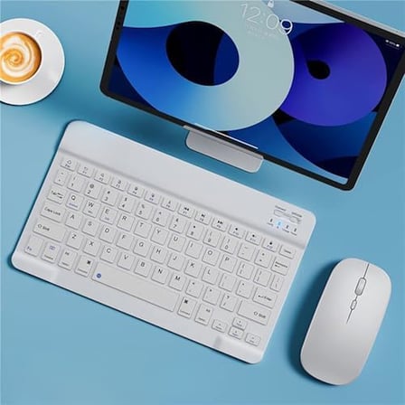 Şık Tasarımlı Bluetooth Kablosuz Klavye ve Mouse Seti | Android, iOS ve Windows Uyumlu | Şarj Edilebilir, Taşınabilir ve Sessiz Tuşlu Set (Beyaz)