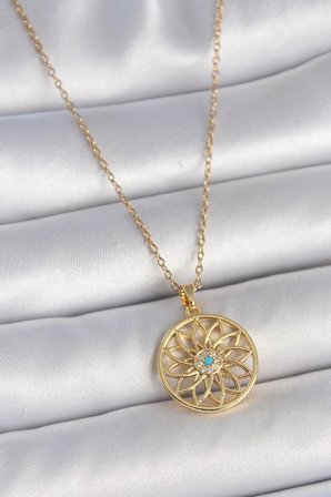 316L Çelik Gold Renk Zincr Mavi Taşlı Lotus Model Kadın Kolye TJ-BKO10061