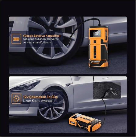 A5577 Kablolu/Kablosuz 8000mAh Şarjlı Taşınabilir Araç Akü Takviyeli, Powerbank Destekli Reflektör Ledli 5in1 Oto Hava Pompası