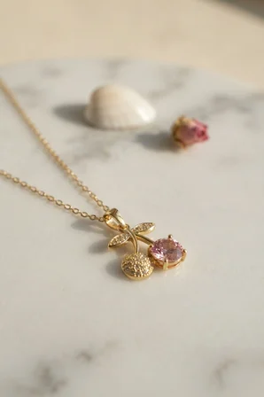 316L Çelik Zincir Gold Renk Pembe Kiraz Model Kolye TJ-BKO11190