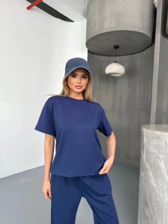 Osy Modal Yumuşak Dokulu Kumaş Kısa Kollu Bluz Rahat Pantalon Ikili Takım- Lacivert - Lacivert / S