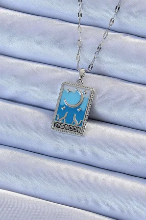 316L Çelik Zincir Gümüş Renk Mavi Mineli Ay Figür Tarot Kolye TJ-BKO9212