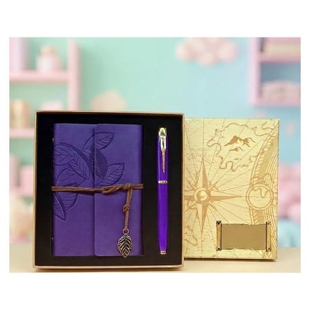 Yaprak Desenli Deri Defter Ve Mor Metal Kalem Seti