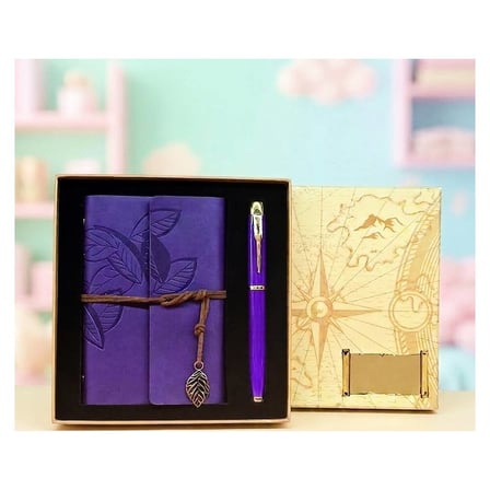 Yaprak Desenli Deri Defter Ve Mor Metal Kalem Seti