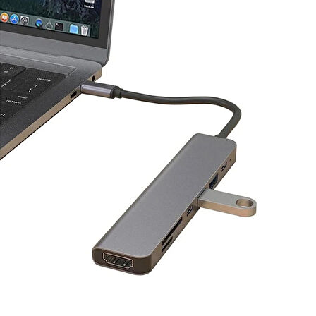 Aksesuarcı Apple Macbook Pro Huawei Dell Uyumlu Type-C To 4K Hdmı+Usb3.0+Sd/tf+Pd+Type-C, Taşınabilir 7in1 Adaptör