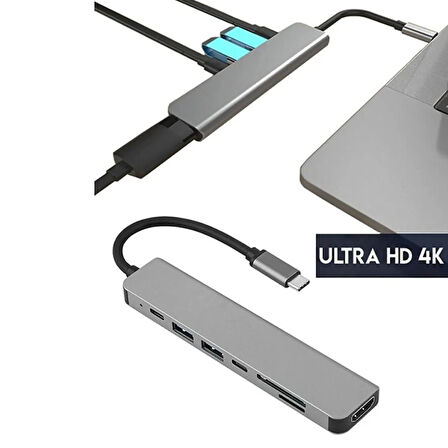 Aksesuarcı Apple Macbook Pro Huawei Dell Uyumlu Type-C To 4K Hdmı+Usb3.0+Sd/tf+Pd+Type-C, Taşınabilir 7in1 Adaptör