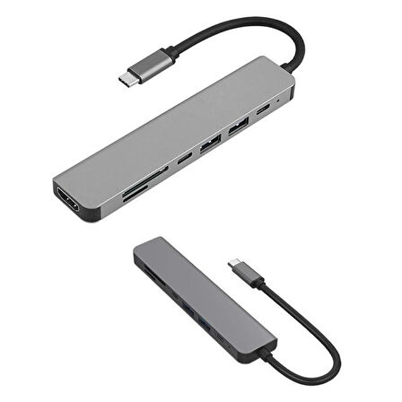 Aksesuarcı Apple Macbook Pro Huawei Dell Uyumlu Type-C To 4K Hdmı+Usb3.0+Sd/tf+Pd+Type-C, Taşınabilir 7in1 Adaptör
