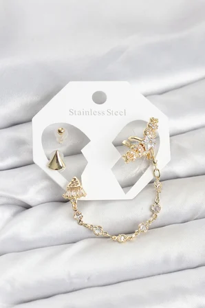 Pirinç Gold Renk Yıldızlı Model Zincir Bağlantılı Ear Cuff Küpe Seti TJ-BKP11540