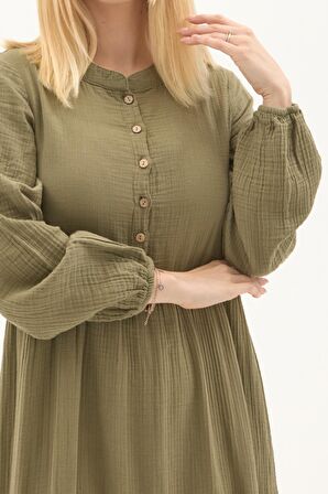 Uzun Kol Haki Düğmeli Yazlık Uzun Müslin Elbise 
