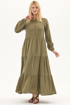 Uzun Kol Haki Düğmeli Yazlık Uzun Müslin Elbise 