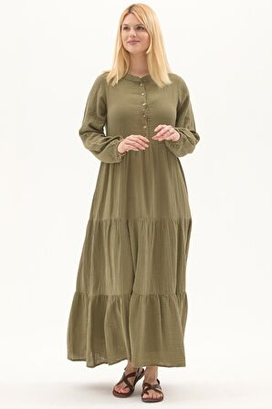 Uzun Kol Haki Düğmeli Yazlık Uzun Müslin Elbise 