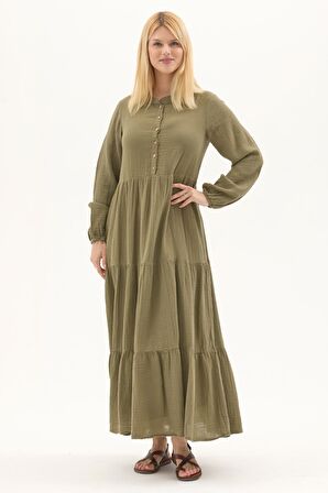 Uzun Kol Haki Düğmeli Yazlık Uzun Müslin Elbise 