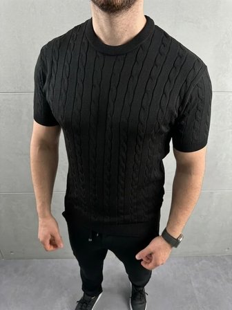 Modi Green Erkek Yazlık Triko Dokuma Tişört Kısa Kol Bisiklet Yaka Örgü Desenli T-Shirt - Siyah