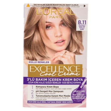 2 Adet L’Oréal Paris Excellence Cool Creme Saç Boyası – 8.11 Ekstra Küllü Sarı