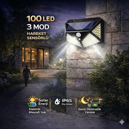 100 LED'li Güneş Enerjili Solar Duvar Apliği - 1200 Lümen Hareket Sensörlü 3 Modlu Bahçe Aydınlatması, Duvar Armatürü IP65 Su Geçirmez, 270° Geniş Açı, Siyah