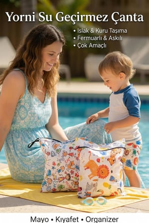 2 Adet, 30 x 35 Cm, Jungle ve 30 x 35 Cm Family Desen, Sıvı Geçirmeyen Çok Amaçlı Çanta, Ekonomik Set, Yıkanabilir