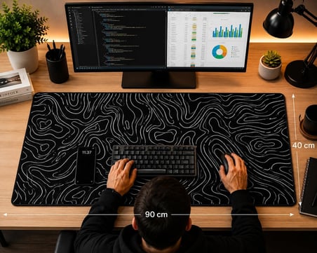 McStorey 90x40 cm Mouse Pad, Beyaz Topografik Kontur Desenli Büyük Mouse Pad, Kaymaz Kauçuk Tabanlı, Dikişli Kenarlı 3 mm Klavye ve Mouse Altlığı, Minimal Desk Mat