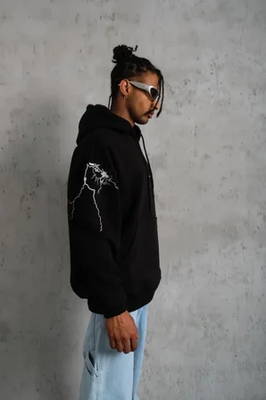 Modi Green Erkek Oversize Üç İplik Kapüşonlu Sweatshirt – Siyah “Don’t Be Terrified” Ön, Sırt Ve Kol Baskılı, Kanguru Cepli, R
