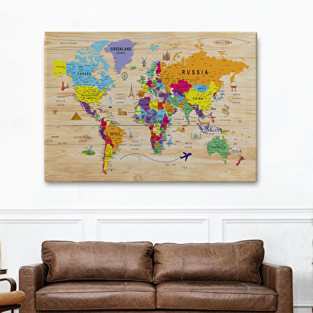 Harita Sepeti Ahşap Görünümlü Dünya Haritası Sembollü Eğitici ve Öğretici Dekoratif Kanvas Tablo 2904