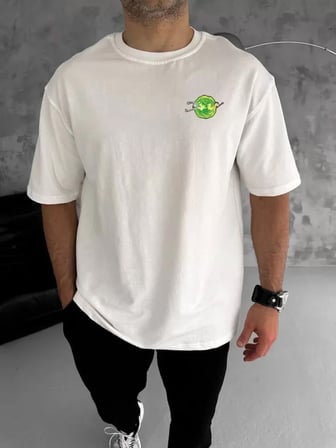 Modi Green Unisex Bisiklet Yaka Baskılı Oversize T-Shirt - Beyaz