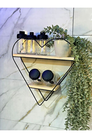 Şık Tasarımlı 2 Katlı Ahşap Detaylı Kalpli Banyo ve Mutfak Rafı Metal Raf Dekoratif Duvar Rafı