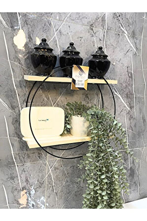 2 Katlı Ahşap Detaylı Yuvarlak Metal Raf Dekoratif Duvar Rafı