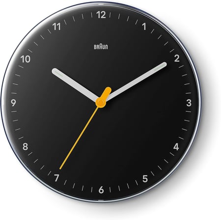 Braun Klasik analog duvar saati sessiz kuvars mekanizması, iyi okunabilir, 23 cm çap, siyah model, BC26B.