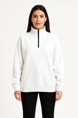 Modi Green Üç İplik Dık Yaka Yarım Fermuarlı SweatShirt - Beyaz