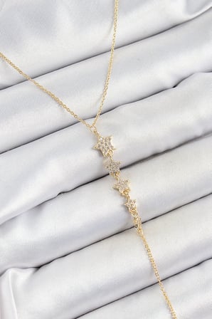 Pirinç Zirkon Taşlı Sıralı Yıldız Figürlü Y Model Gold Renk Kadın Kolye