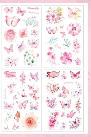 Kolbi Craft 4 Sayfa 60 Adet Şeffaf Pembe Kelebek Çiçek Sticker Bullet Journal Scrapbook Laptop Ajanda Planlayıcı