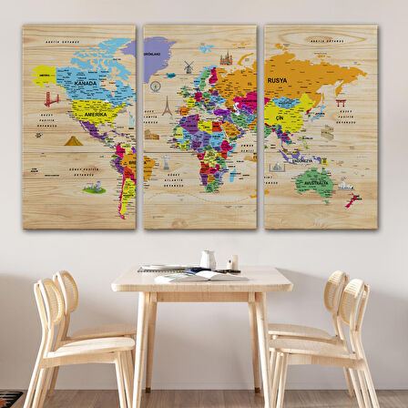 Harita Sepeti Ahşap Görünümlü Türkçe Dünya Haritası Sembollü Eğitici Dekoratif Kanvas Tablo 2905