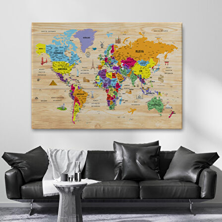 Harita Sepeti Ahşap Görünümlü Türkçe Dünya Haritası Sembollü Eğitici Dekoratif Kanvas Tablo 2905