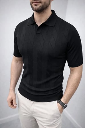 Modi Green Erkek Yazlık Triko Dokuma Tişört Kısa Kol Polo Yaka T-Shirt - Siyah
