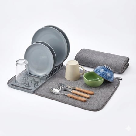 Mikrofiber Su Emici Bulaşıklık Matı – 37x60 cm Tezgâh Üstü Bulaşık Kurutma Matı, Kaymaz Su Emici Mutfak Matı, Katlanabilir Tabaklık Süzgeçli Plastik Sepetli Kurulama Örtüsü (Gri)