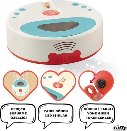 Giffy/Oyuncak Pilli Robot Süpürge Sesli Ve Işıklı Gerçek Süpürme Özelliği Ve Sürekli Farklı Yönlere Giden Oyuncak Robot Süpürge Oyuncağı