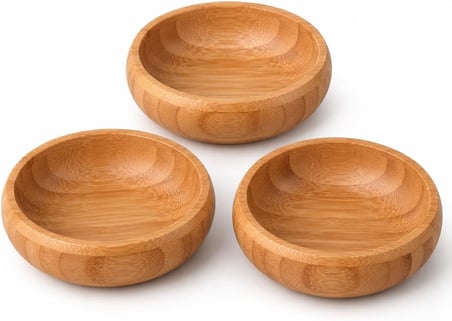 Deconox 3'lü Bambu Çerezlik Seti (9x9x3 cm) - Yuvarlak Kahvaltılık, Mezelik ve Sosluk Kase Takımı