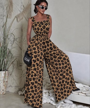 Kadın Askılı Kare Yakalı Desenli Kemersiz Uzun Süprem Tulum - Leopar / 2XL-3XL