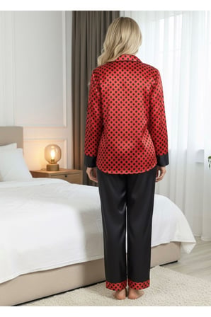 Siyah-Kırmızı Saten Pijama Takımı - 1621 Siyah-Kırmızı S/M