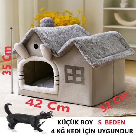Kedi Evi Yumuşak Kedi Yatağı Derin Uyku Ve Kış Evi Çıkarılabilir Minder -villa 1adet (GRİ KÜÇÜK BOY)