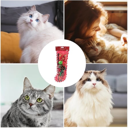 Yılbaşı Temalı Kedi Oyuncak Seti 8 Parça – Zilli ve Hışırtılı Toplar, İpli Fareler, Peluş Noel Yastığı – Kedi ve Evcil Hayvanlar İçin Noel Konsept Eğlenceli Oyun Seti