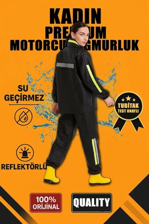 Modi Green Premium Motorcu Kurye Yağmurluk Takım Su Geçirmez PVC Kumaş Reflektörlü TÜBİTAK Onaylı - Siyah