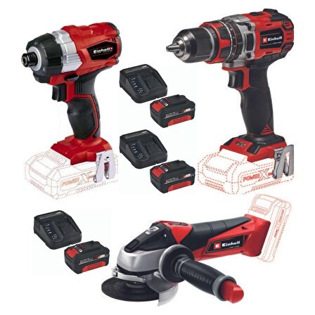 Einhell TE-CI 18 BL 4 Ah 3 Akülü Darbeli Vidalama + Te-Cd 18/50 Li-I Bl Matkap Te-Ag 18/115 Avuç Taşlama